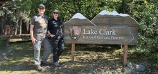 The AWOW crew in front of the Lake Clark NP sign