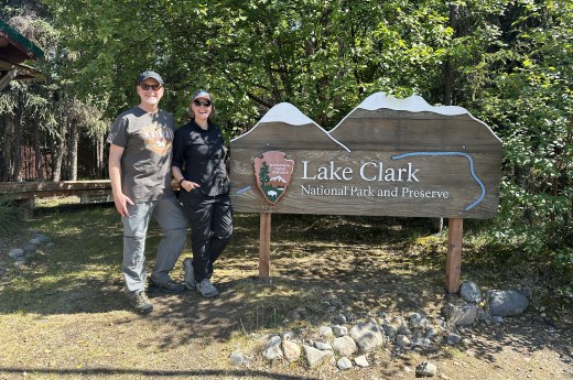 The AWOW crew in front of the Lake Clark NP sign