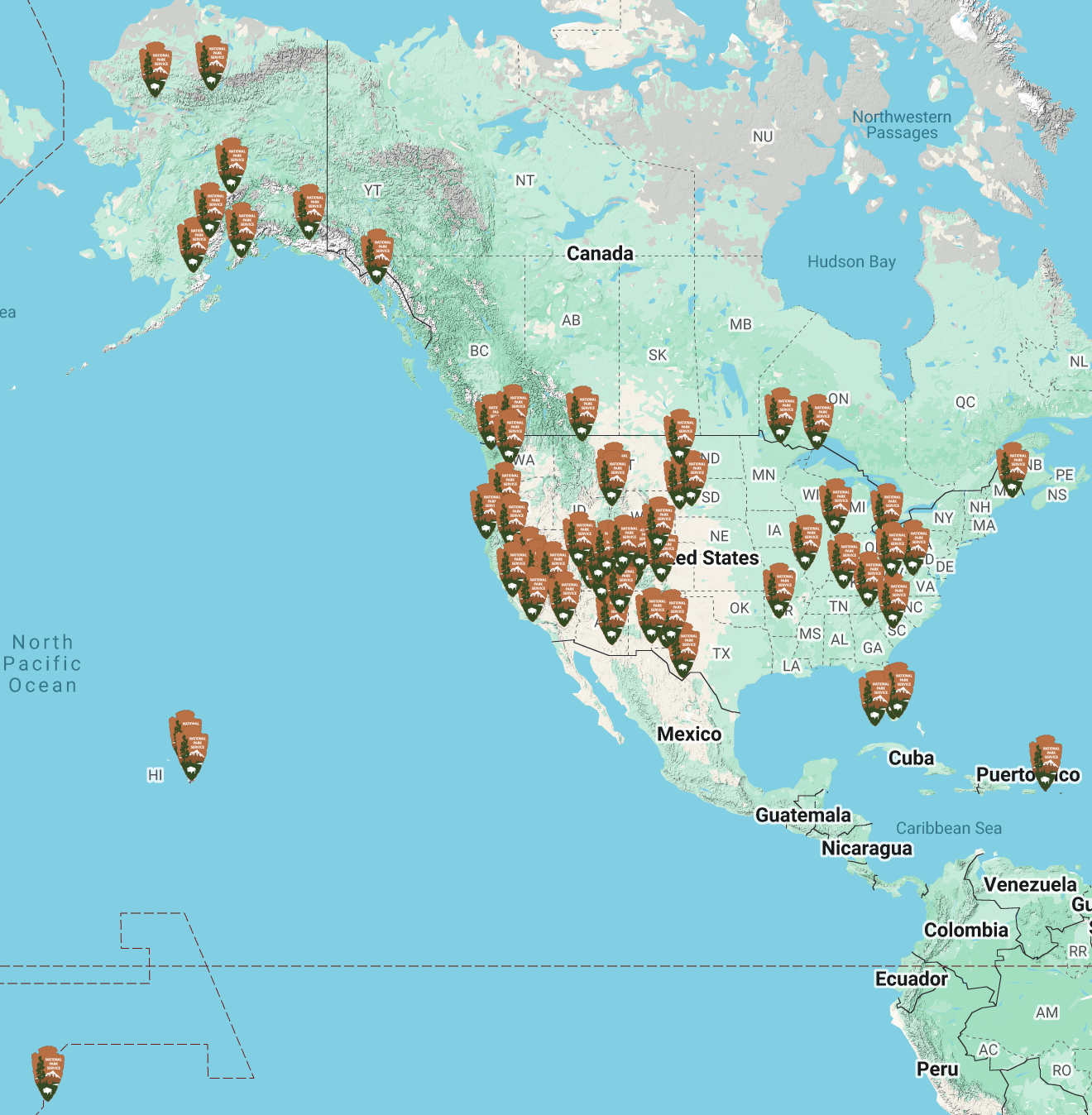 Map of 63 US National Parks